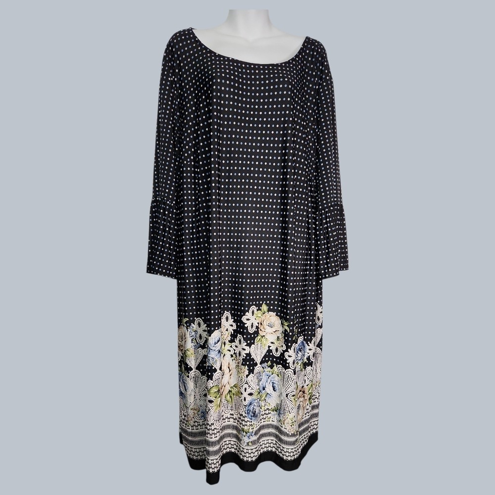 AVENUE Plus Size 26/28 4X Navy Blue Polka Dots Dress Floral Border Bell Sleeve - Picture 1 of 7